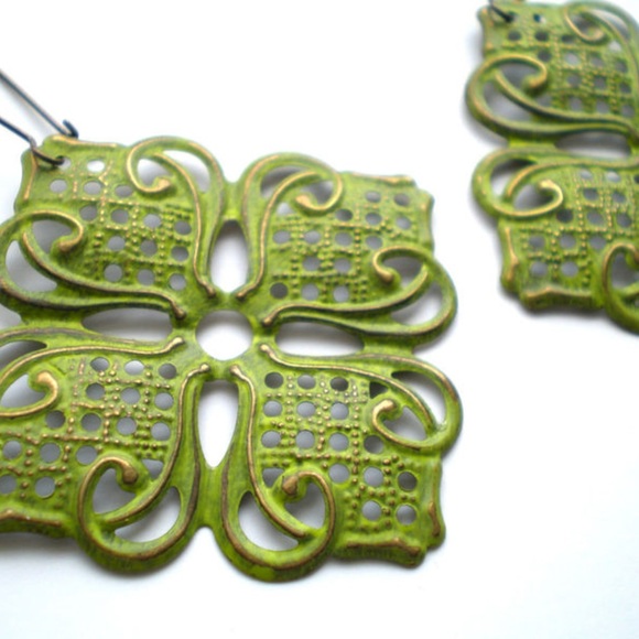 Citrus Green Hand Painted Lotus Filigree Earrings - Picture 3 of 3